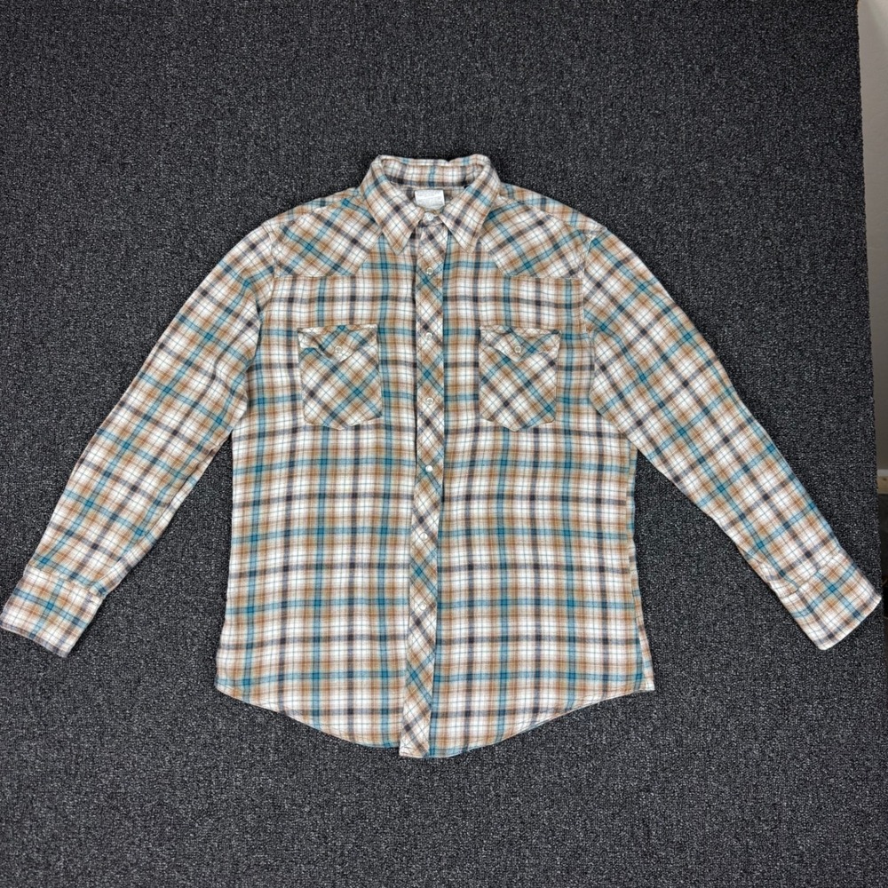 Wrangler Wrancher Western Flannel Pearl Snap Shirt Mens L Brown Blue cowboy